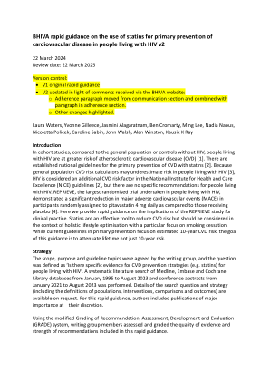 BHIVA 关于艾滋病毒感染者使用他汀类药物进行心血管疾病一级预防的快速指南 v2 2024 年 3 月 22 日 审核日期：2